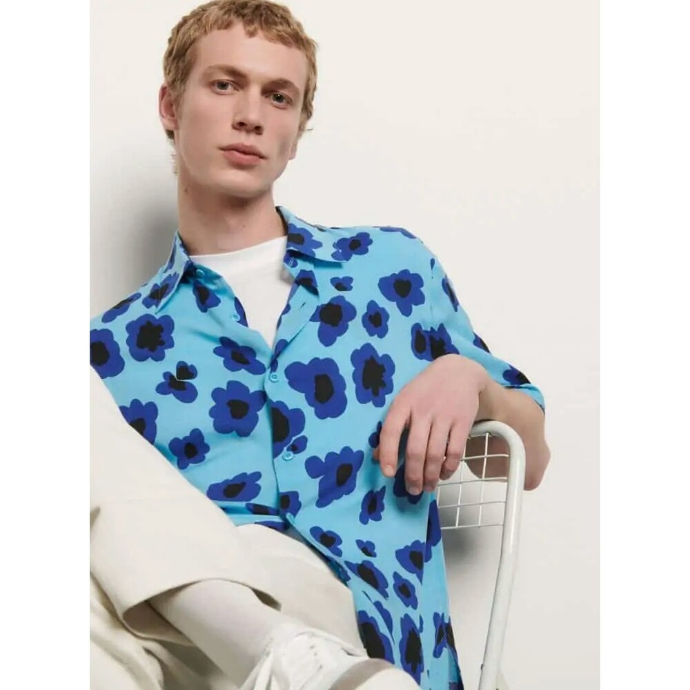 Sandro Short Sleeve Blue Floral Printed Shirt Men's Size Medium